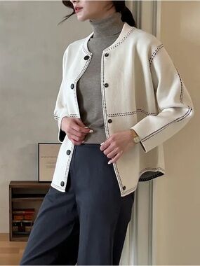 Korean Ivory Button-Front Knit Cardigan with Black Stitching